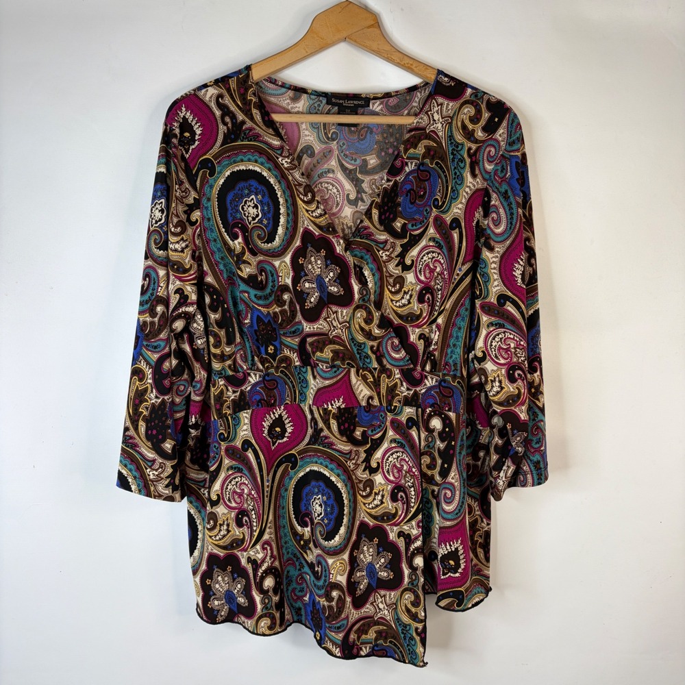 Susan Lawrence Faux Wrap Top Women 3X Multicolor Paisley Empire Waist 3/4 Sleeve